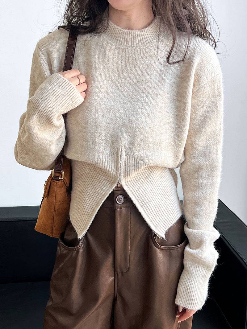 Stylish Zipper Sweater with Unique Design for Fall/Winter One Size Oatmeal Color