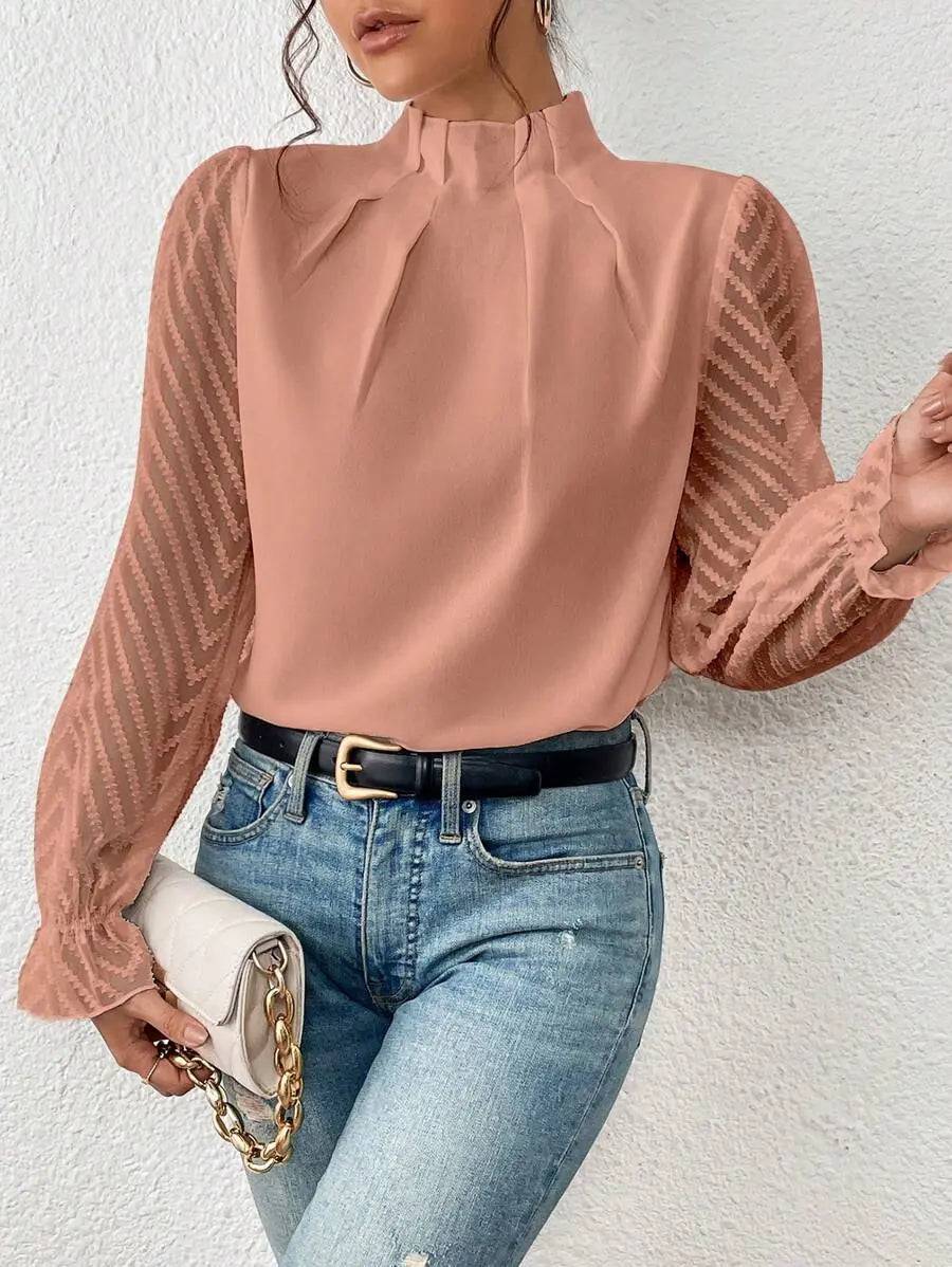 Elegant Chiffon Long Sleeve Top with Mock Neck and Lantern Sleeves S Coral