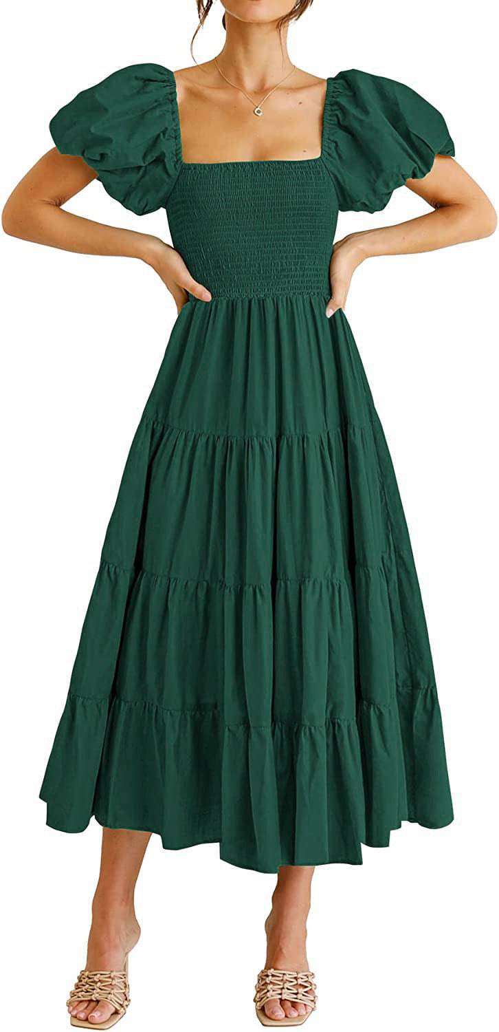 Square Neckline Backless Puff Sleeve Summer Maxi Dress S Green