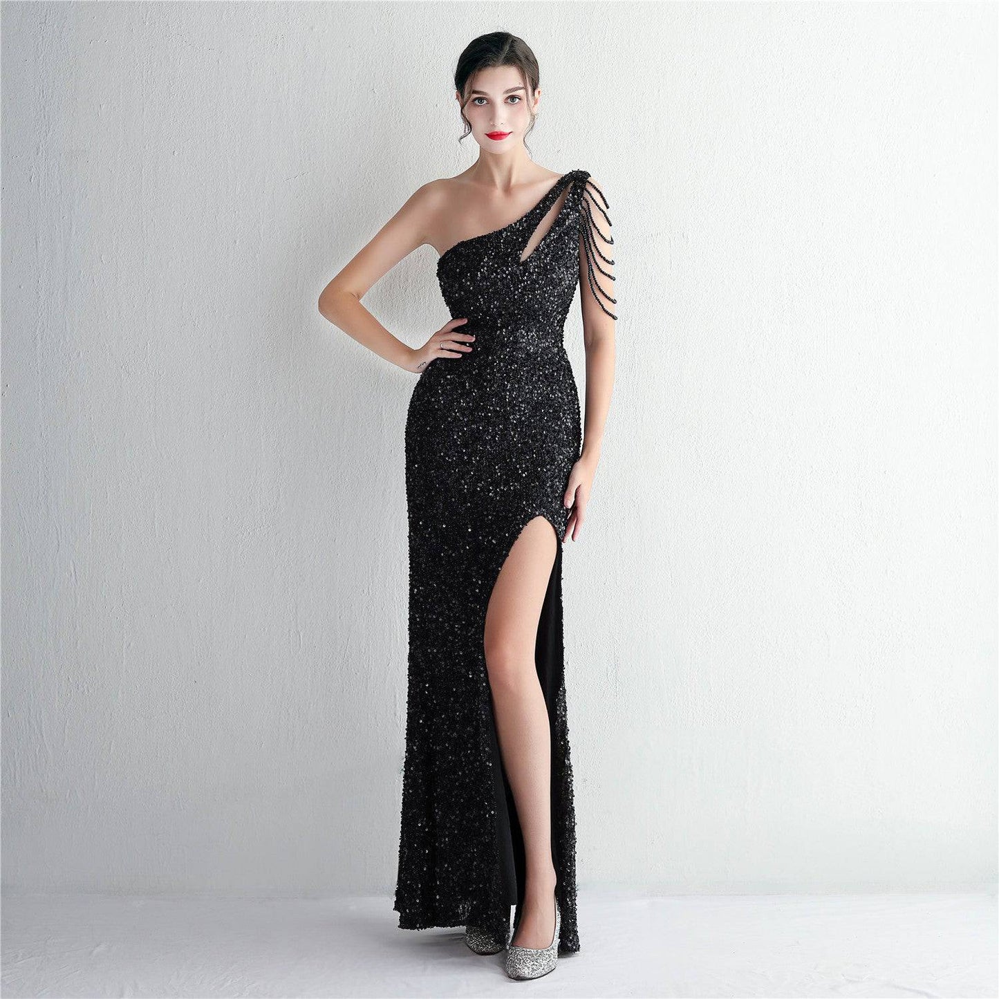 Imitation Handmade Sequin Craft Beaded Shoulder Appreciation Dinner Slim Fit Fishtail Wedding Car Model Exhibition Socialite S Pure Black