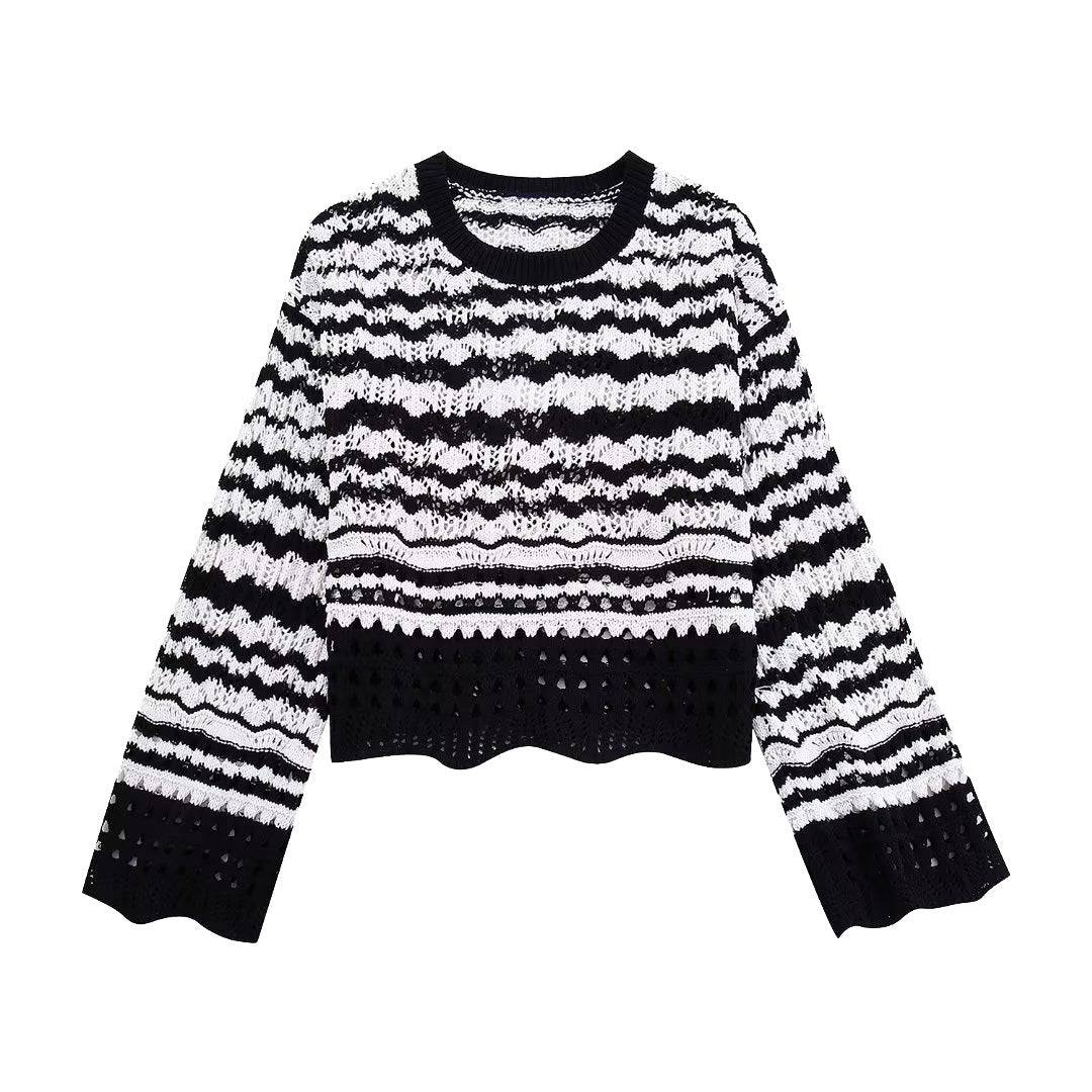 French Chenille Color Block Sweater for Women S Black/White