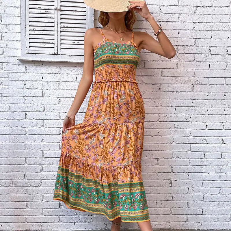 Floral Ruffled Maxi Dress for Summer Vacation S Orange