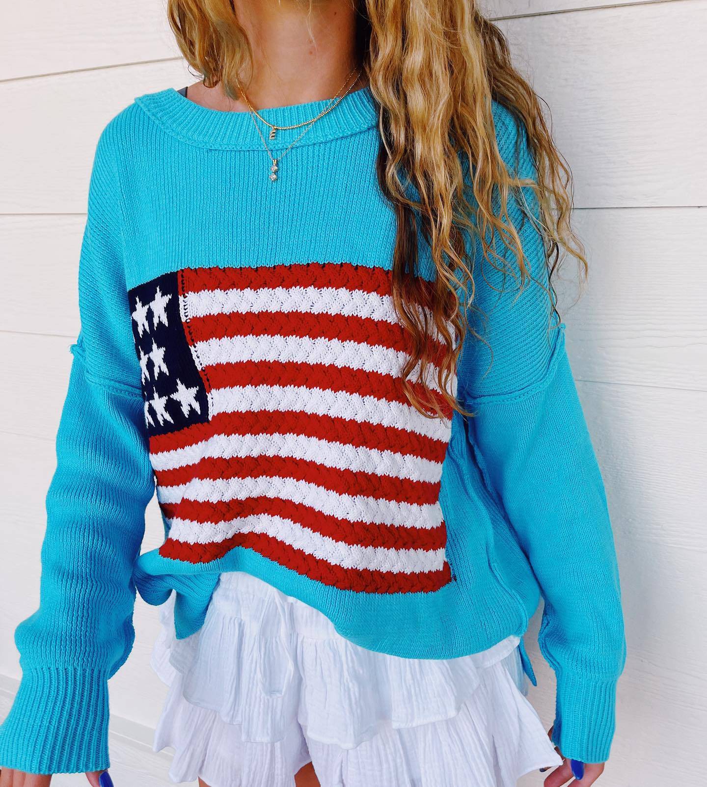 Trendy Five Pointed Star Striped Off The Shoulder Sweater for Women S Blue
