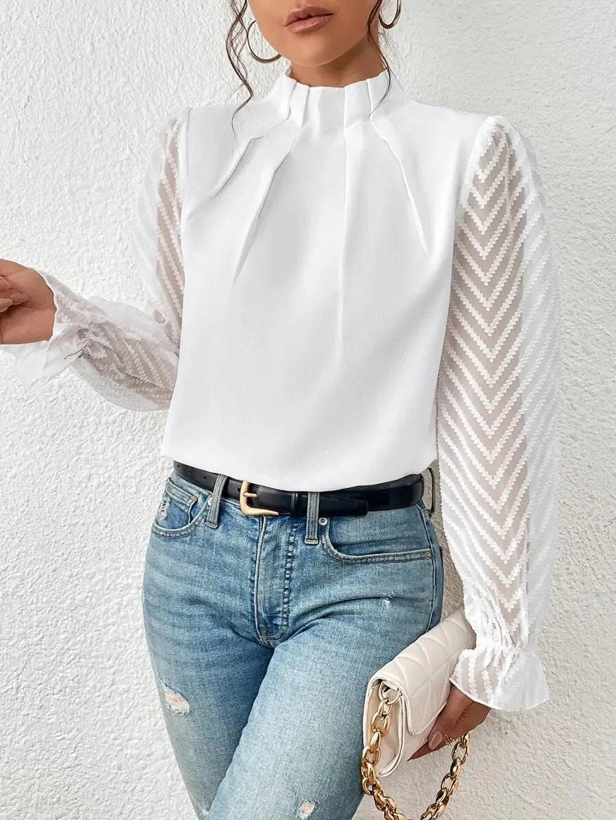 Elegant Chiffon Long Sleeve Top with Mock Neck and Lantern Sleeves S White