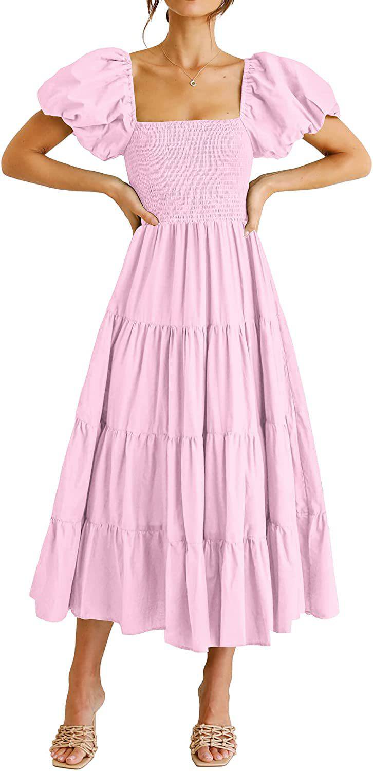 Square Neckline Backless Puff Sleeve Summer Maxi Dress S Pink