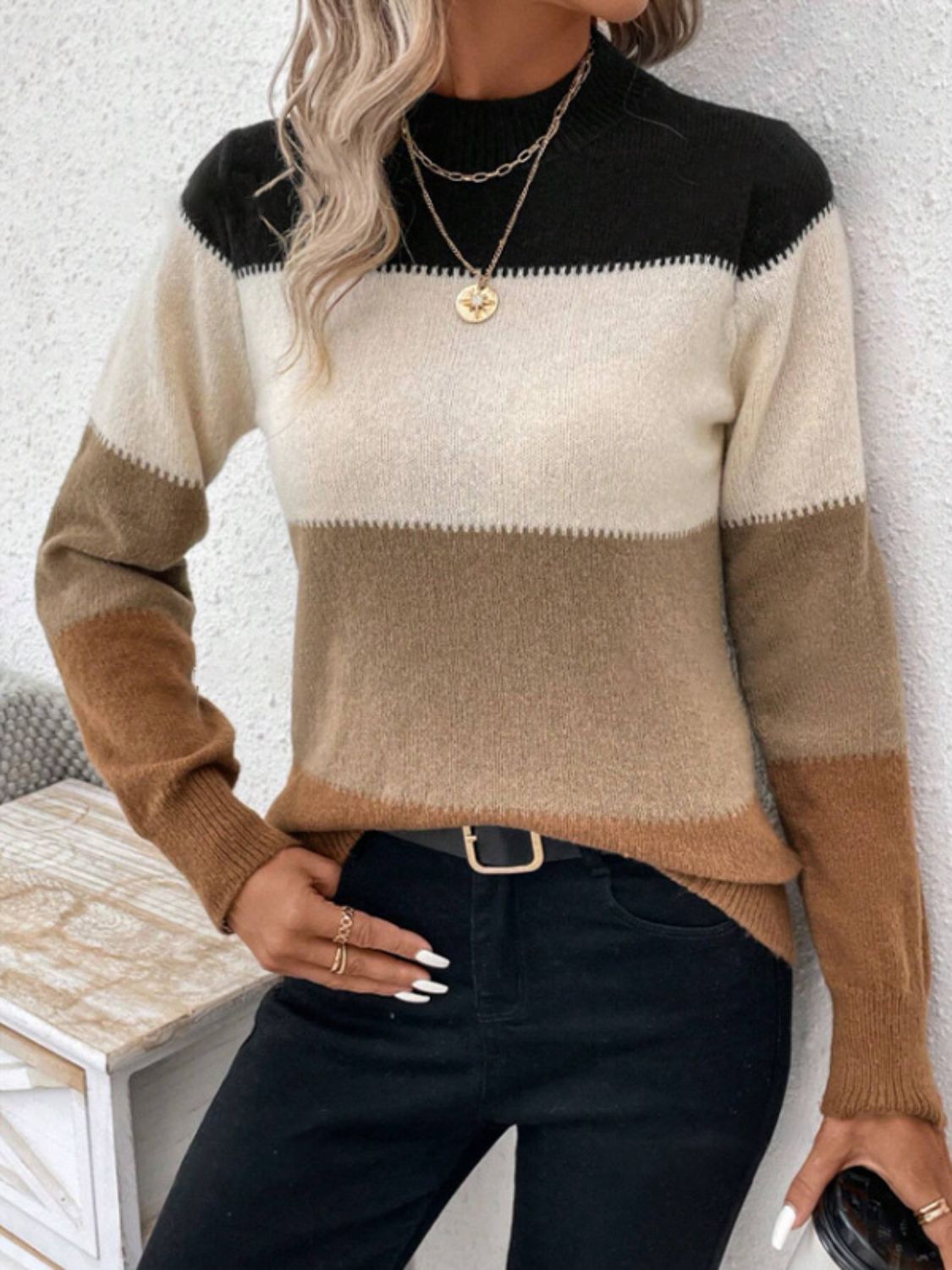 Camel Color Block Long Sleeve Sweater
