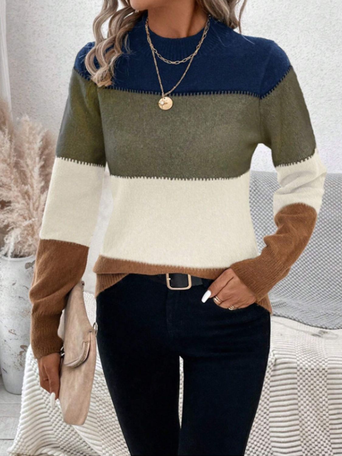 Moss Color Block Long Sleeve Sweater