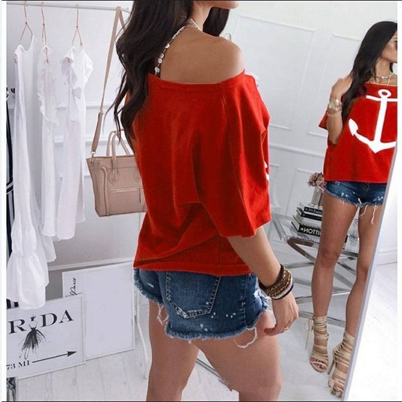 Stylish Loose Off-the-Shoulder Batwing Printed T-Shirt for Women