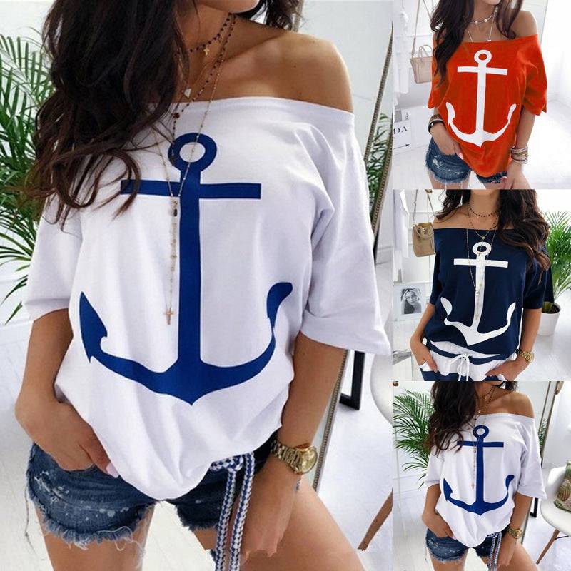 Stylish Loose Off-the-Shoulder Batwing Printed T-Shirt for Women