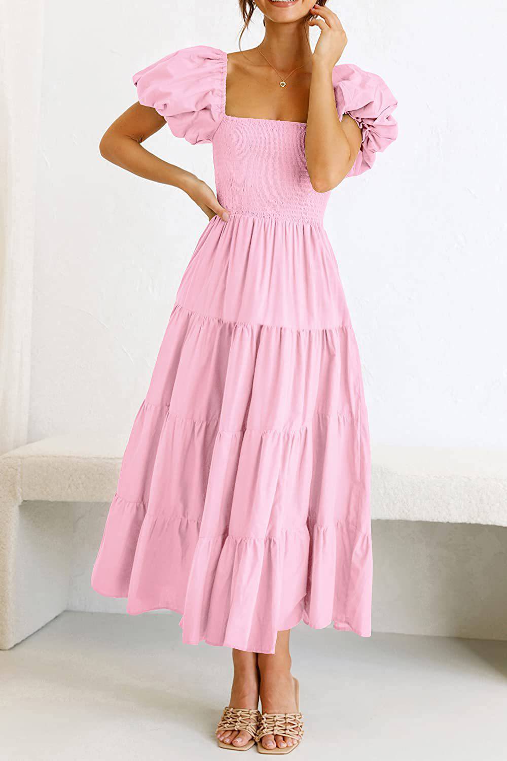 Square Neckline Backless Puff Sleeve Summer Maxi Dress