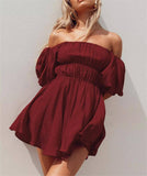 Vintage French Style Square Collar Cotton Dress with Puff Sleeves