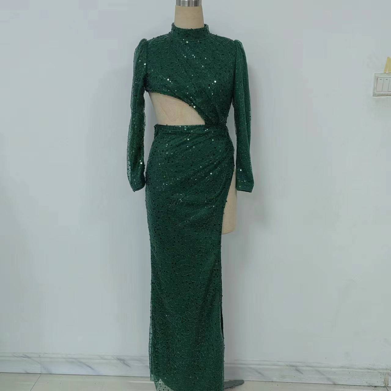 Irregular Hem Sequined Maxi Dress with Long Sleeves
