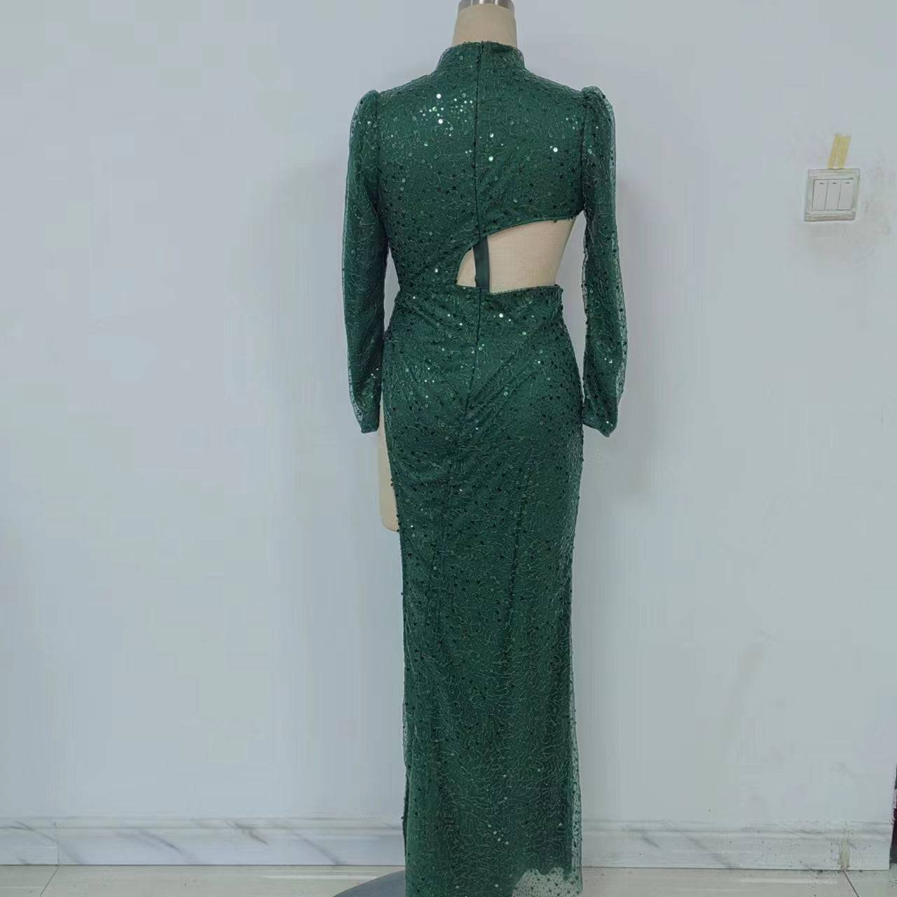 Irregular Hem Sequined Maxi Dress with Long Sleeves