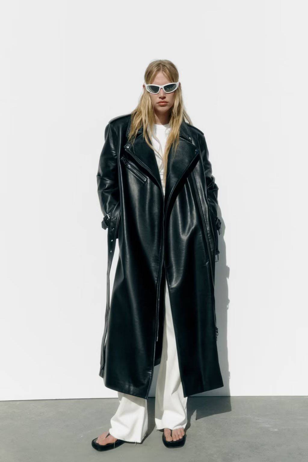 Women's Black Faux Leather Trench Coat with Belt for Fall