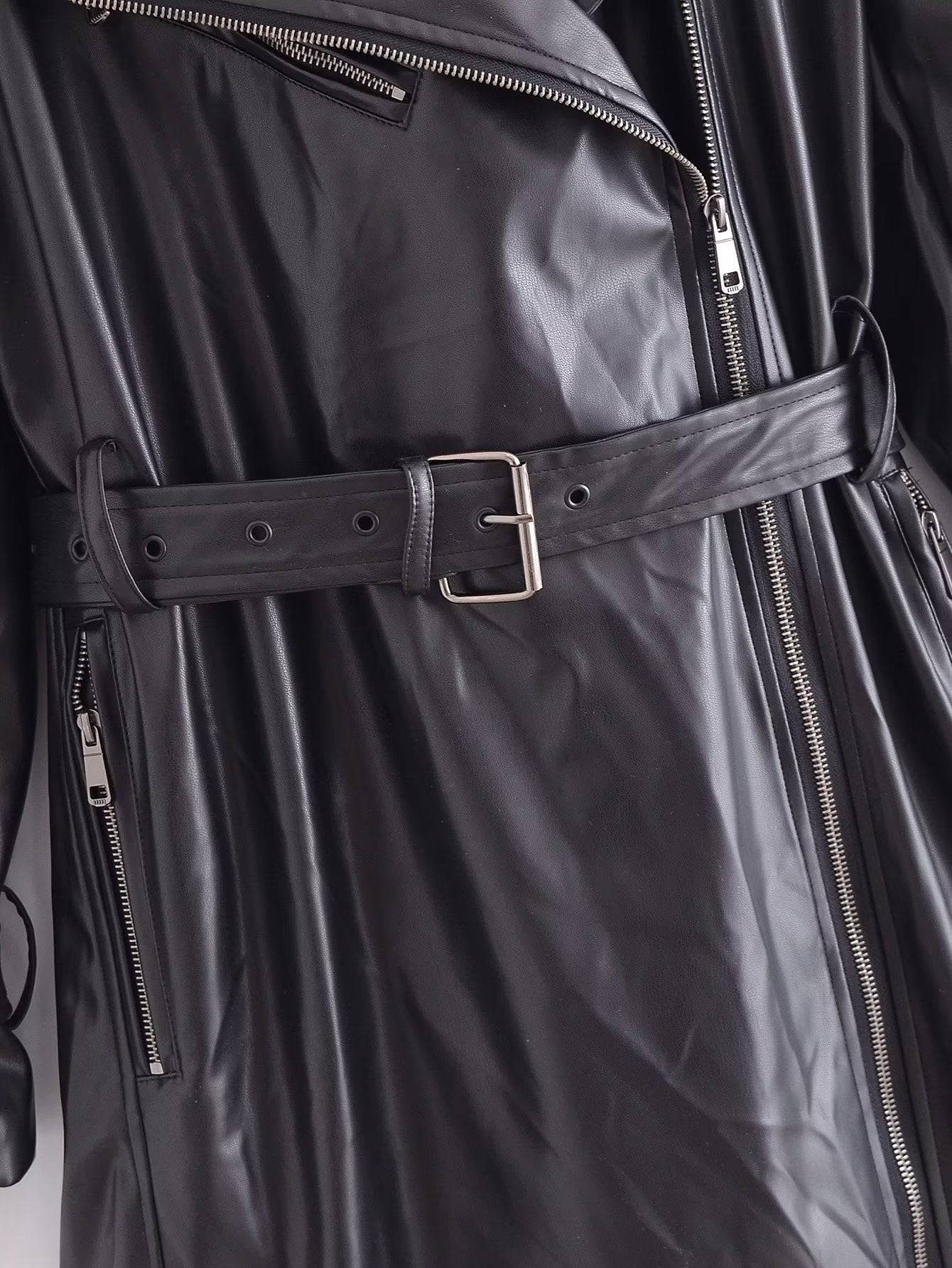 Women's Black Faux Leather Trench Coat with Belt for Fall