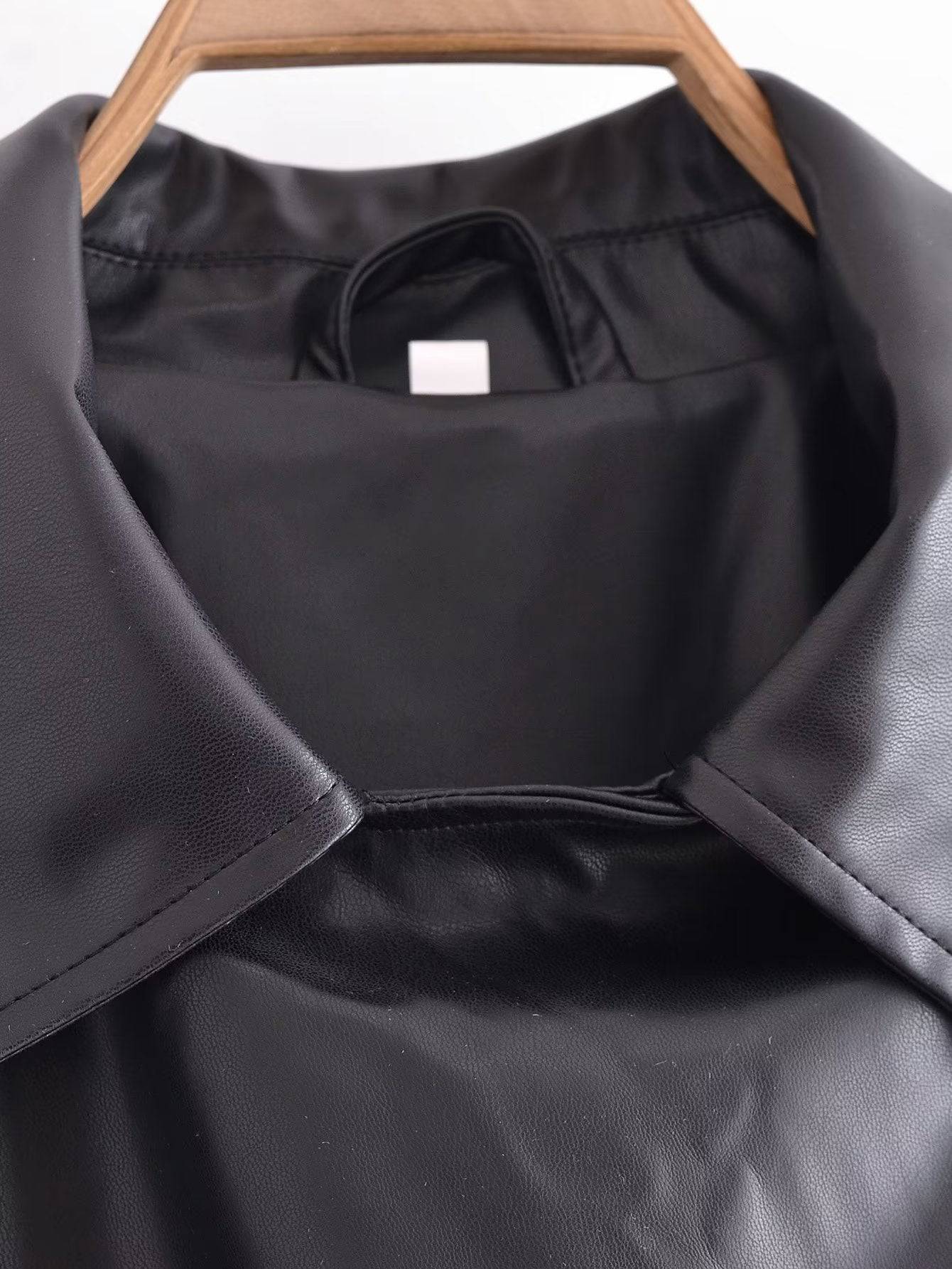 Women's Black Faux Leather Trench Coat with Belt for Fall