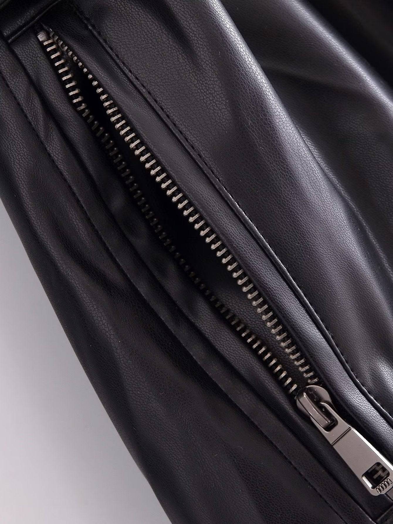 Women's Black Faux Leather Trench Coat with Belt for Fall
