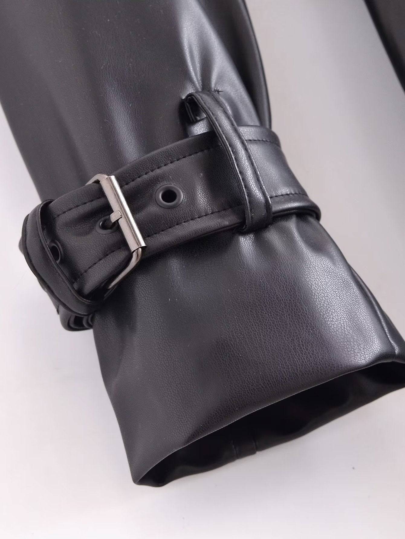 Women's Black Faux Leather Trench Coat with Belt for Fall