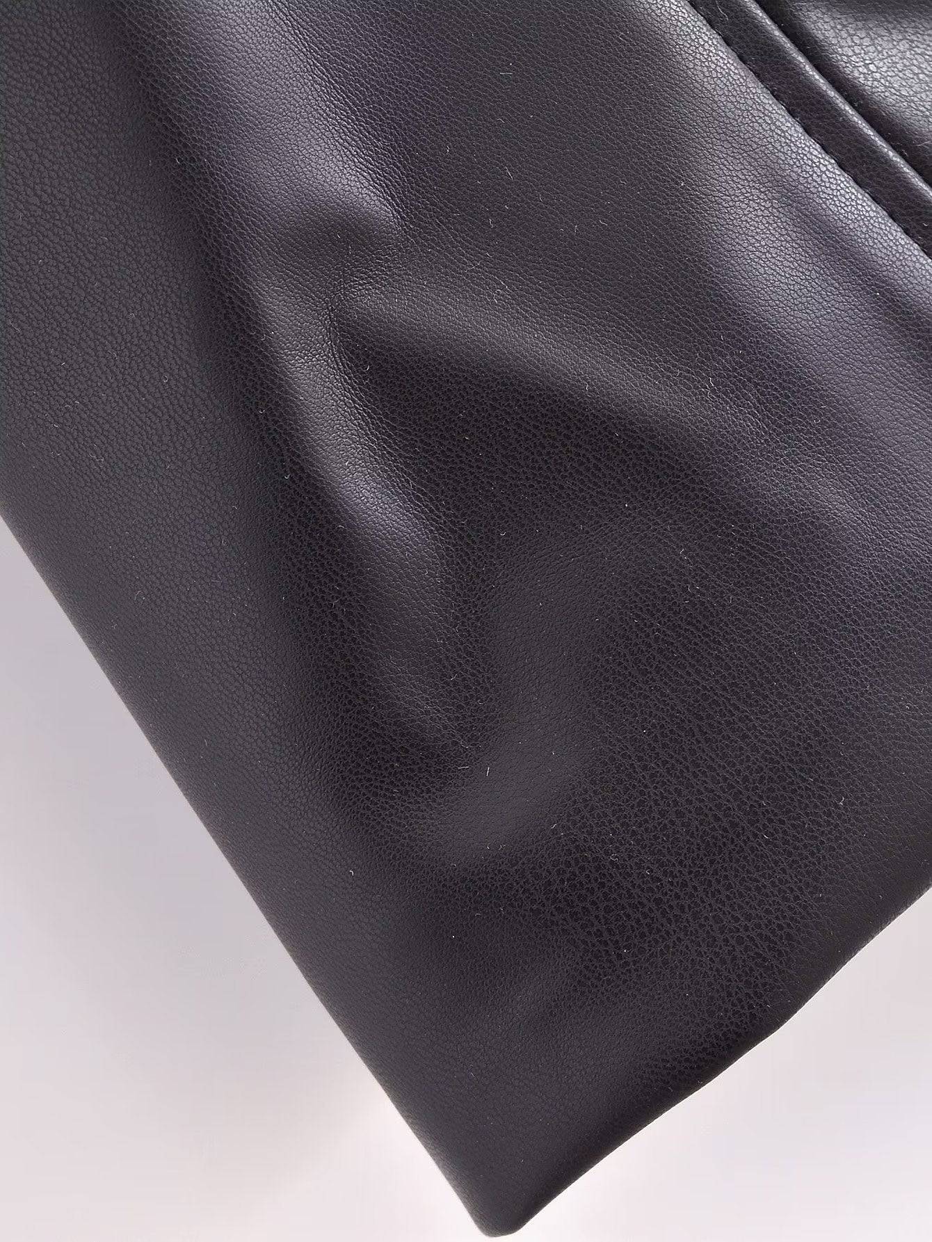 Women's Black Faux Leather Trench Coat with Belt for Fall