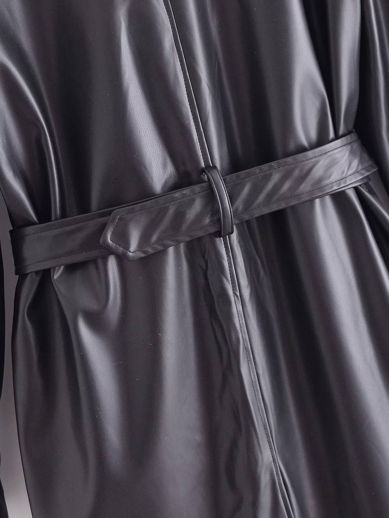 Women's Black Faux Leather Trench Coat with Belt for Fall