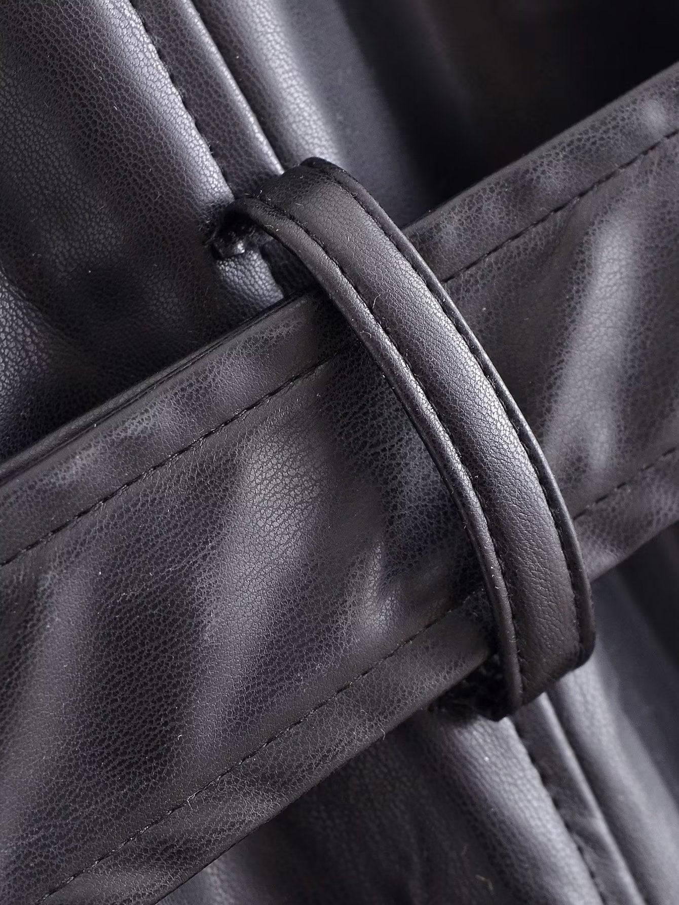 Women's Black Faux Leather Trench Coat with Belt for Fall