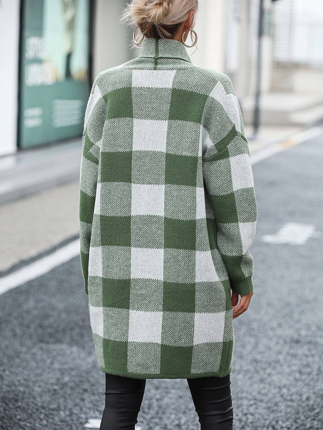 Loose Plaid Color Knitted Cardigan Sweater for Women