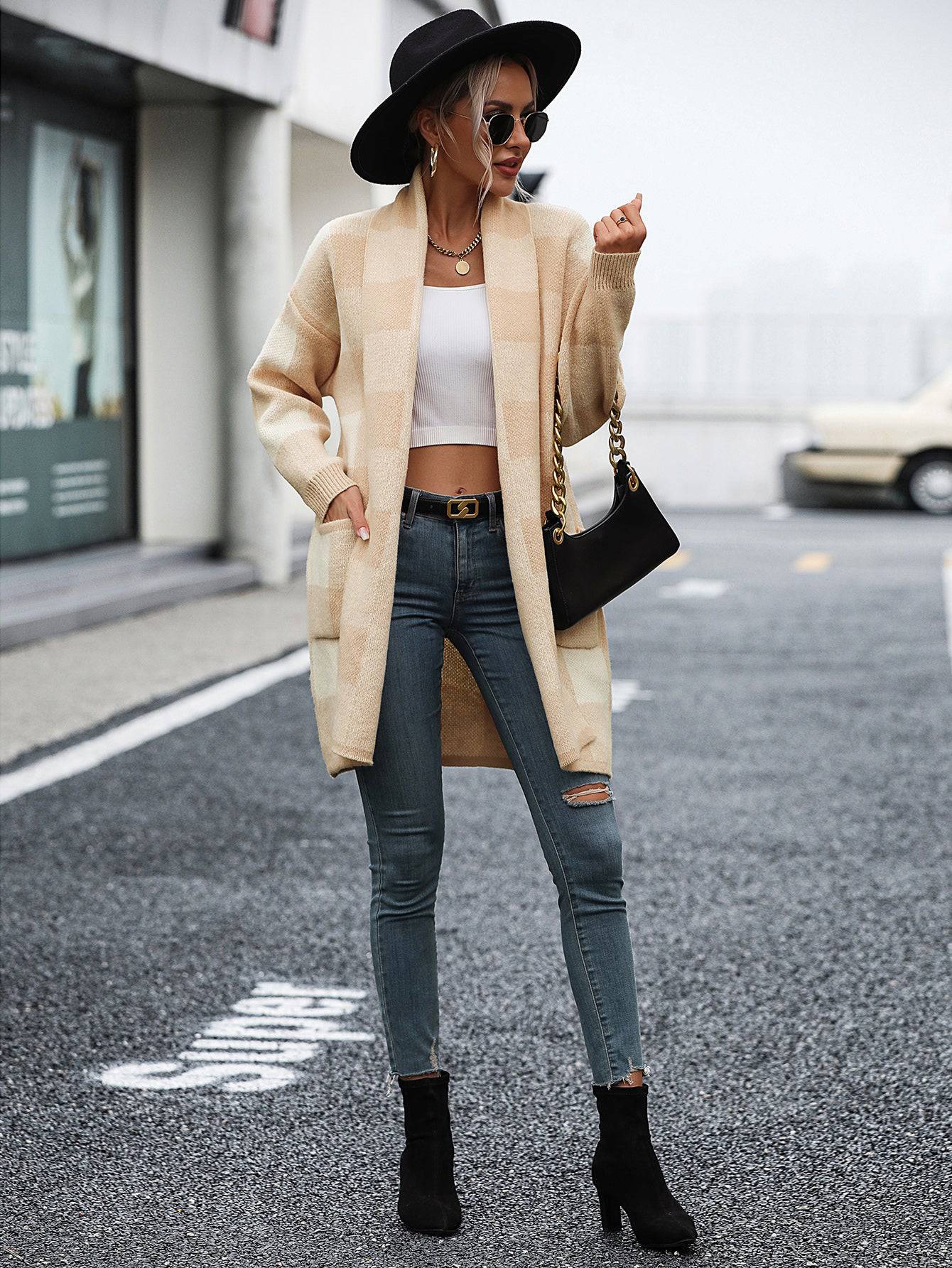 Loose Plaid Color Knitted Cardigan Sweater for Women