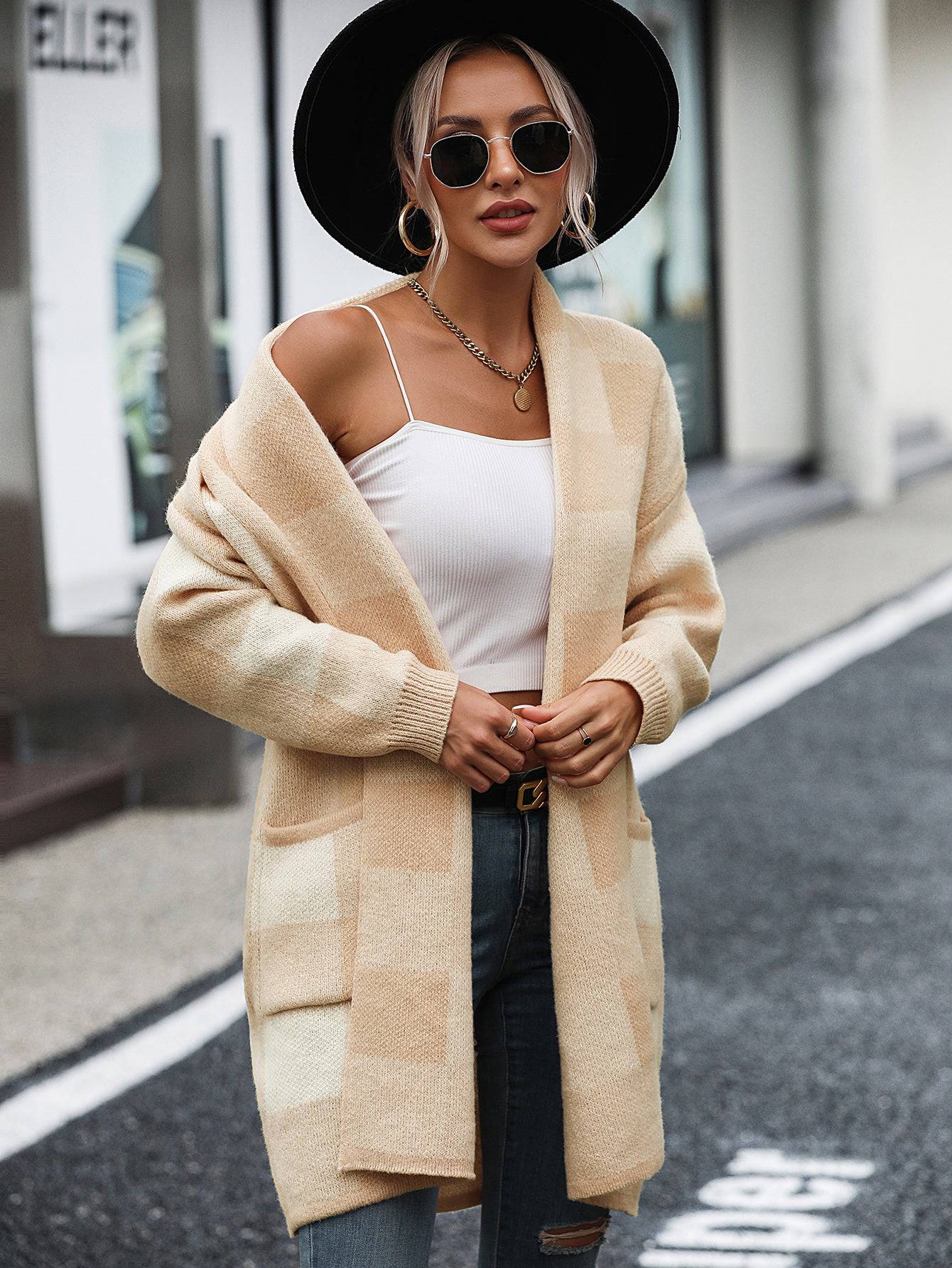 Loose Plaid Color Knitted Cardigan Sweater for Women