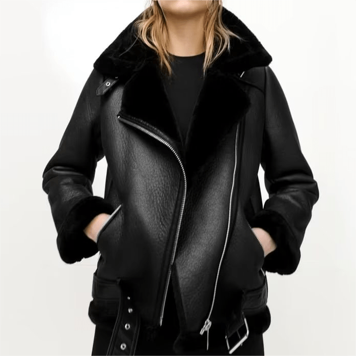 Fashionable Motorcycle Faux Shearling-Lined Leather Coat with Oblique Zipper