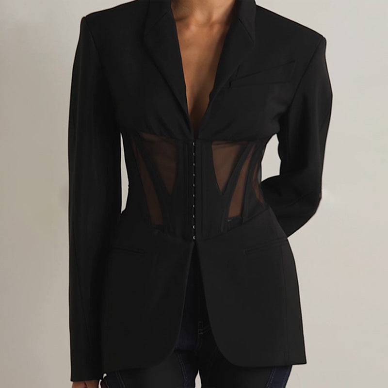Mesh Stitching Waist Corset Blazer with See-Through Design