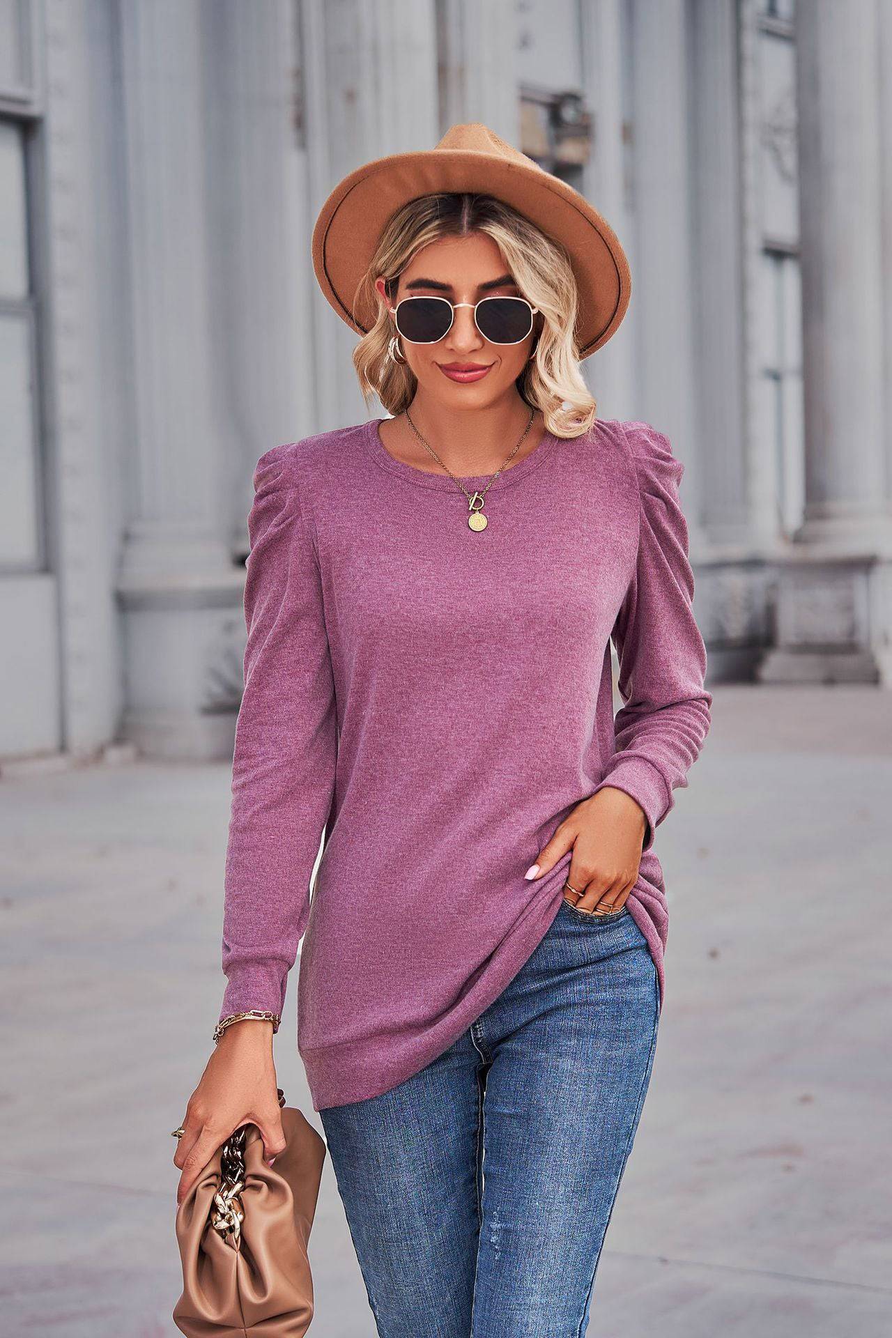 Pleated Solid Color Long Sleeve T-Shirt for Women