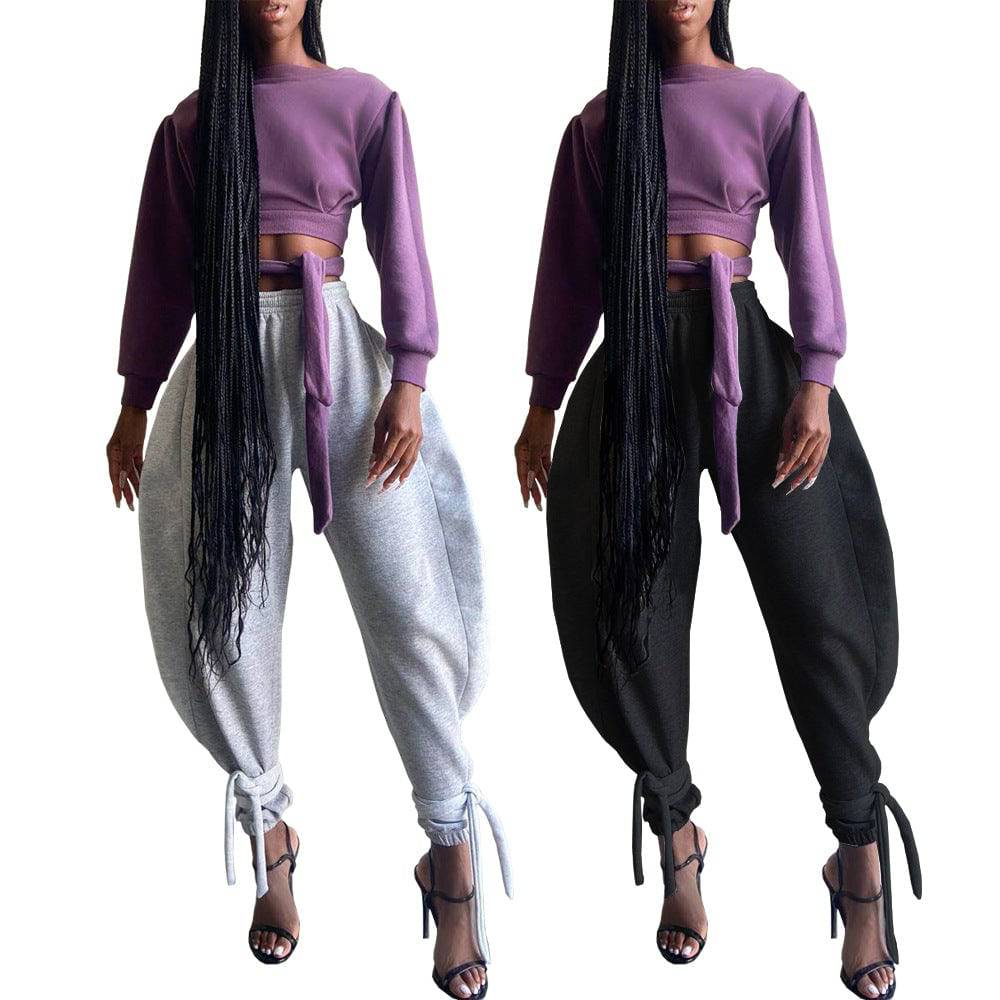 Lace-Up Ankle-Tied Wide Leg Polyester Pants for Women