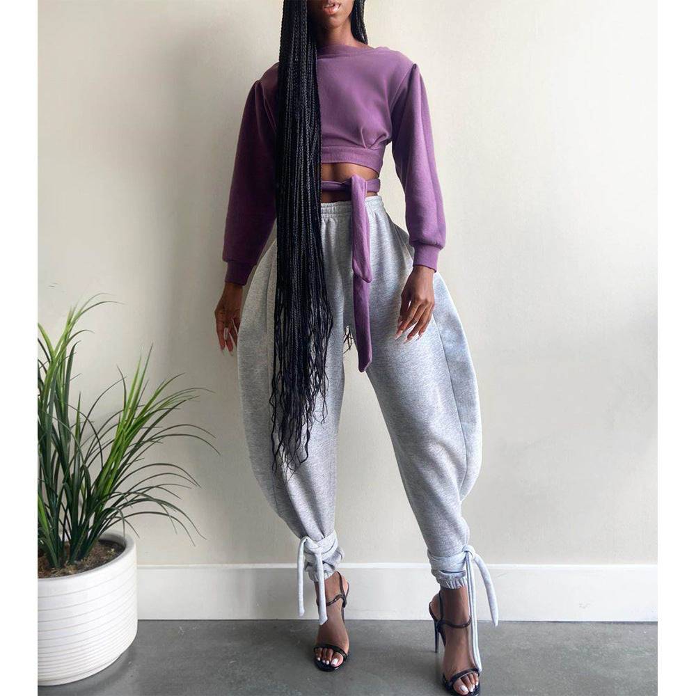 Lace-Up Ankle-Tied Wide Leg Polyester Pants for Women