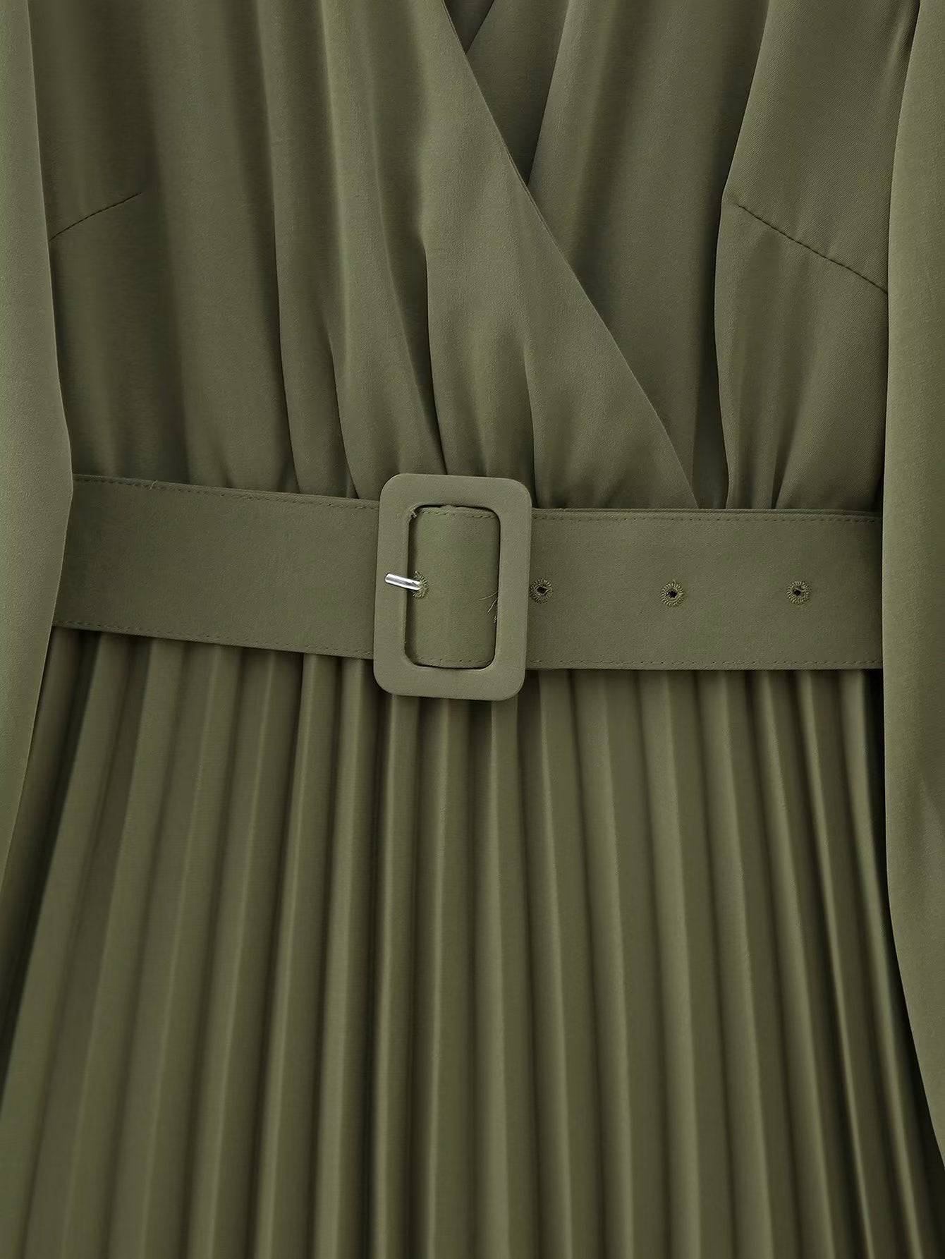 Winter Elegance: V-Neck Belted Pleated Dress for Women