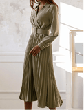 Belted V Neck Pleated Dress for Women
