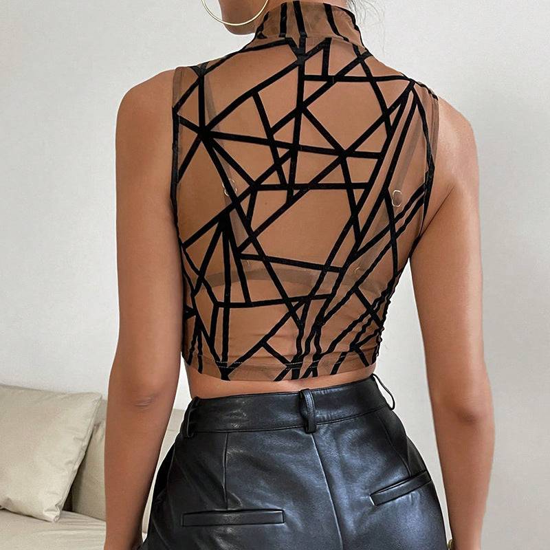 Seductive Striped Mesh Tank Top with Crew Neck