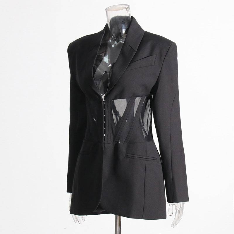 Mesh Stitching Waist Corset Blazer with See-Through Design