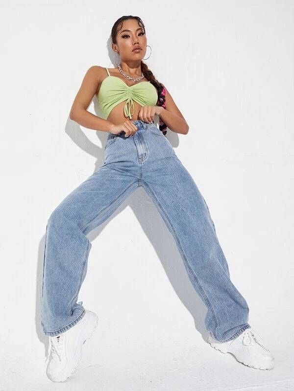 Light Blue Slim Straight Denim Jeans for Women