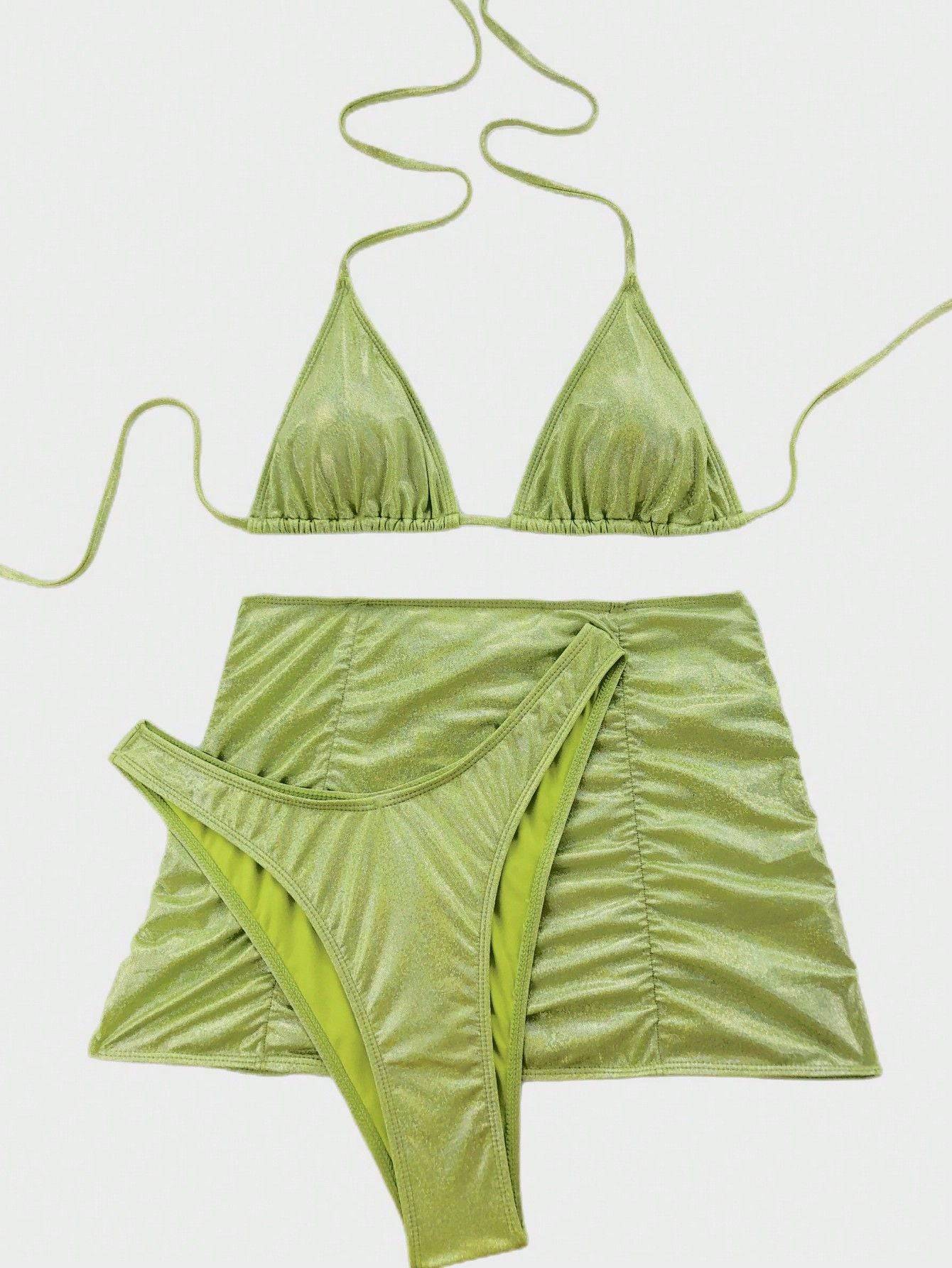 Women's Metallic Coated Fabric Bikini Swimsuit with Three-Piece Set