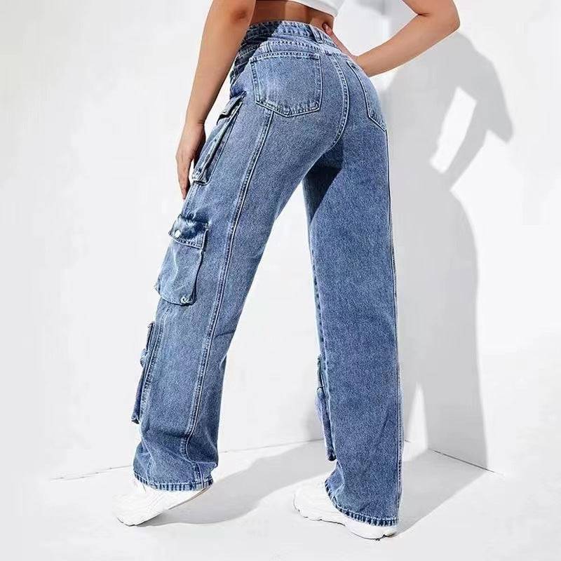 High Waist Denim Overalls with Flap Pockets