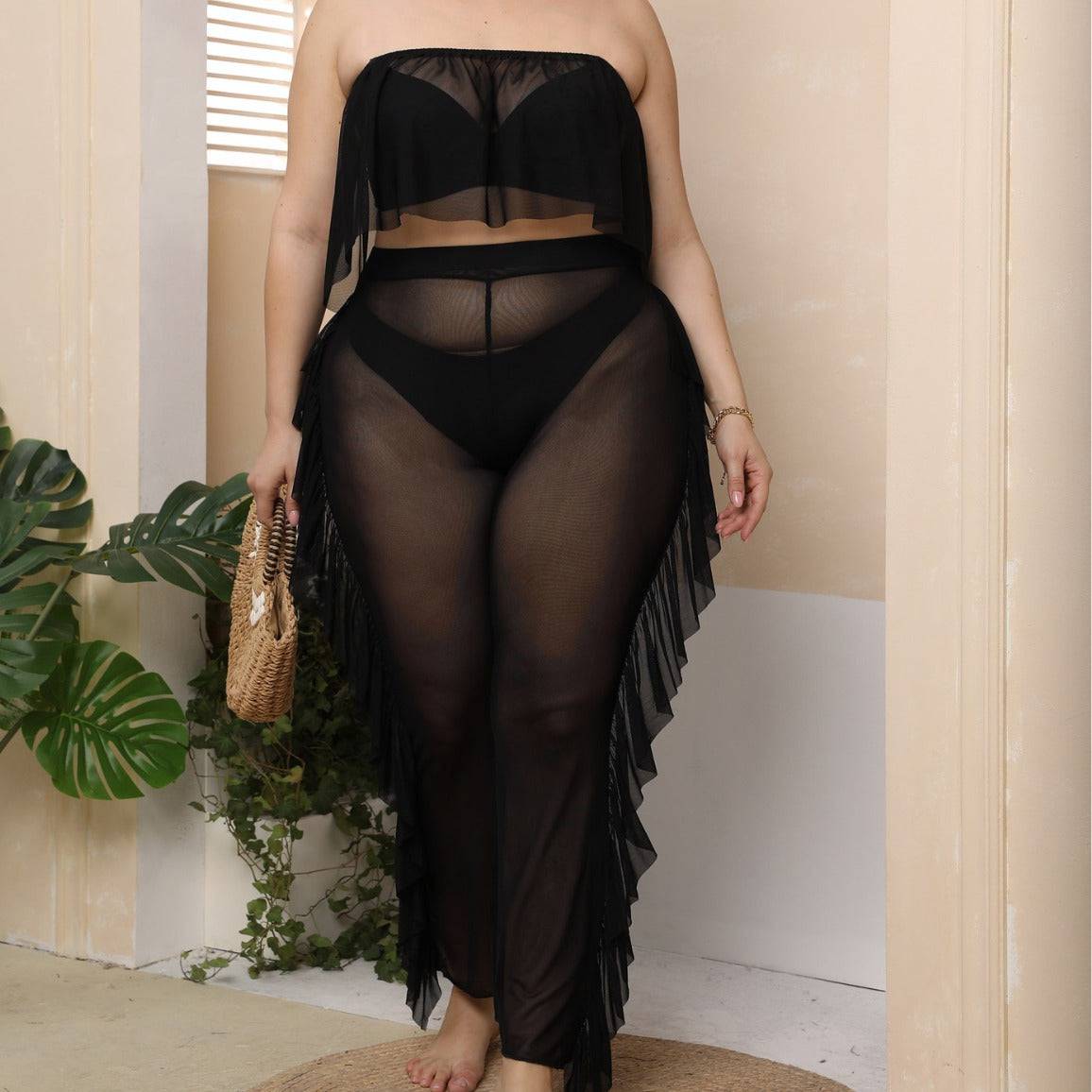 Bohemian Bliss Plus Size Beach Mesh Ruffled Trousers Set