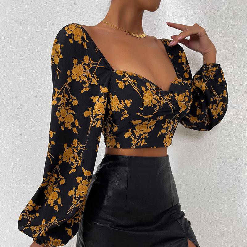 Floral V-Neck Long Sleeve Crop Top with Print