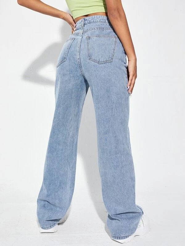 Light Blue Slim Straight Denim Jeans for Women