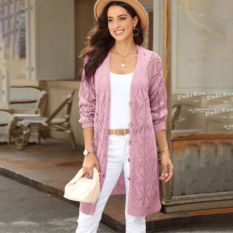Elegant Solid Color Hollow Out Long Sleeve Cardigan for Women