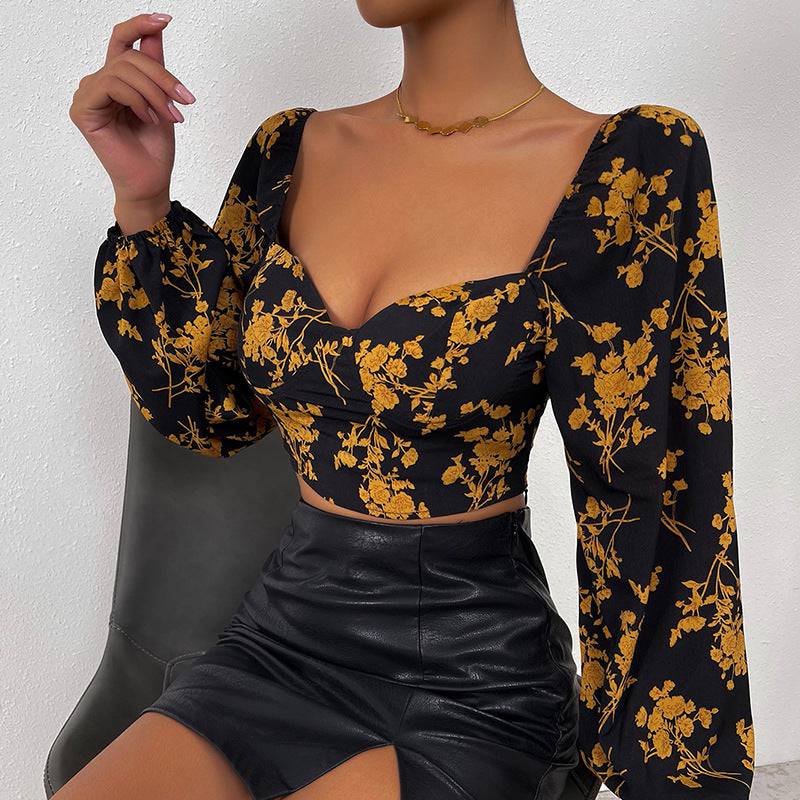 Floral V-Neck Long Sleeve Crop Top with Print