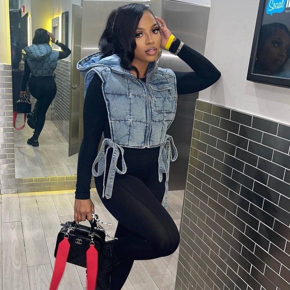 Sleeveless Denim Quilted Hooded Workwear Vest for Women