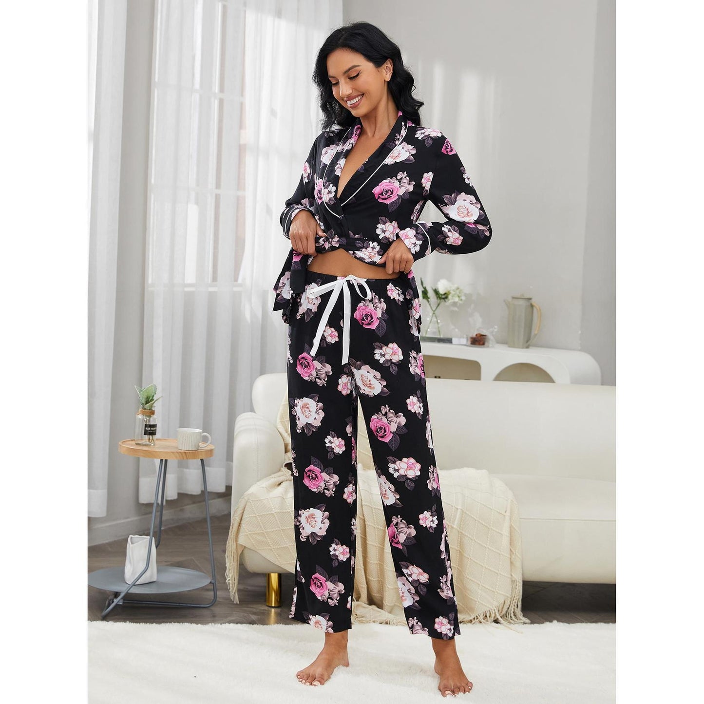 Floral Belted Two Piece Set for Women's Nightwear and Lounging