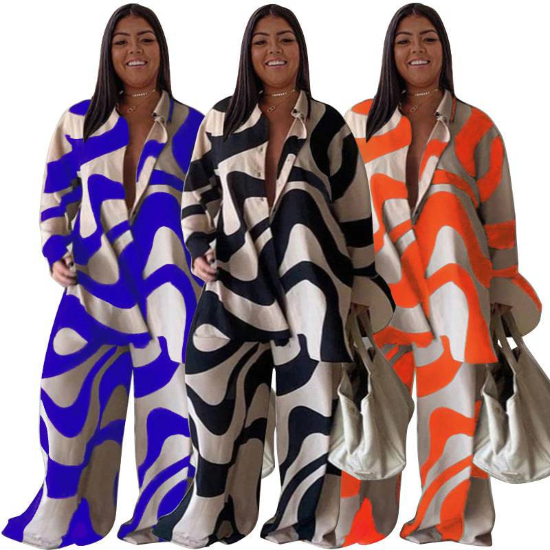 Floral Print Plus Size Suit with Loose-Fit Shirt and Straight Leg Trousers for Women