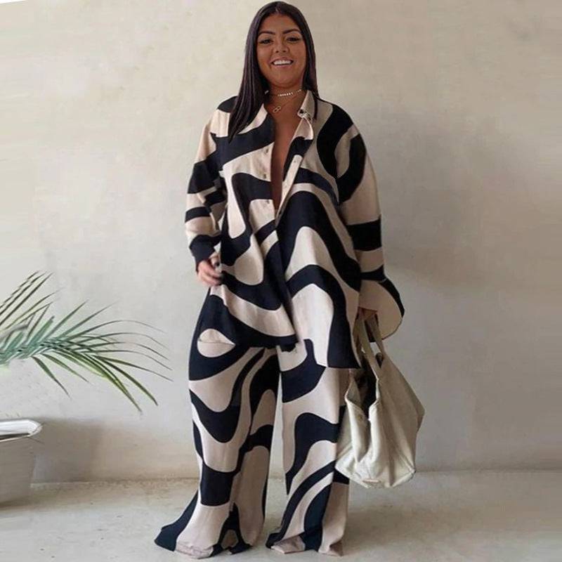 Floral Print Plus Size Suit with Loose-Fit Shirt and Straight Leg Trousers for Women