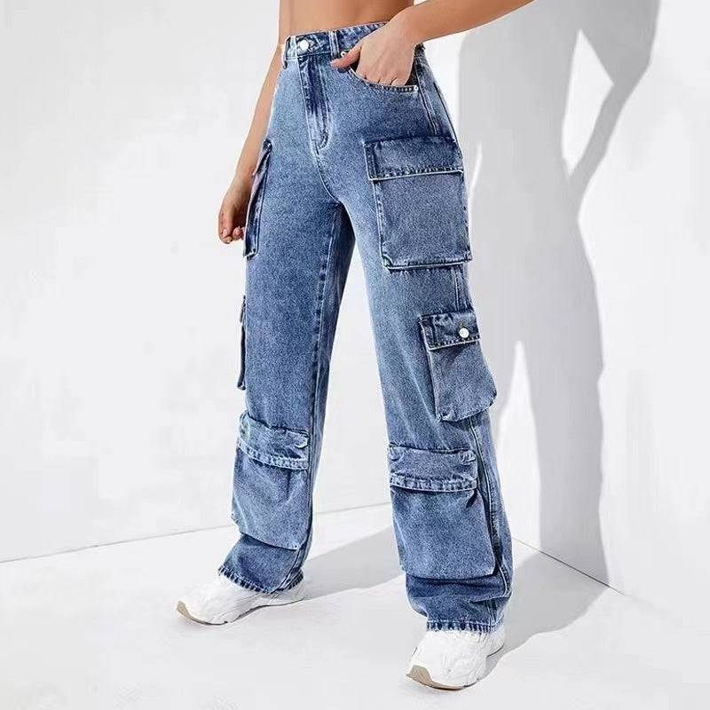 High Waist Denim Overalls with Flap Pockets